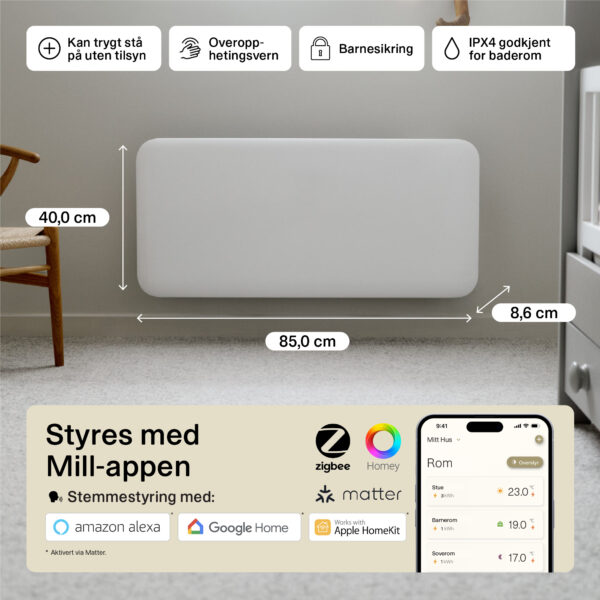 Panelni konvekcijski radiator Mill Wi-Fi 1000W, bel jeklo PA1000WIFI4 - slika 2